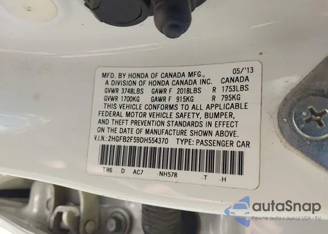 2013 Honda Civic Lx из США, поврежденный, VIN 2HGFB2F59DH554370